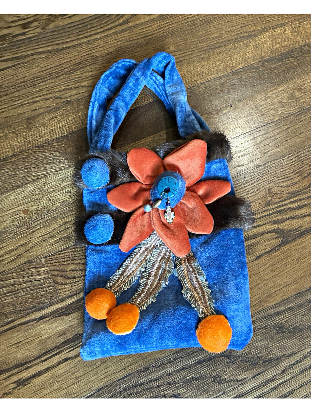 Blue Small Tote Bag Purse Snap Closure Faux Fur Trim Flower Applique Bag Charm